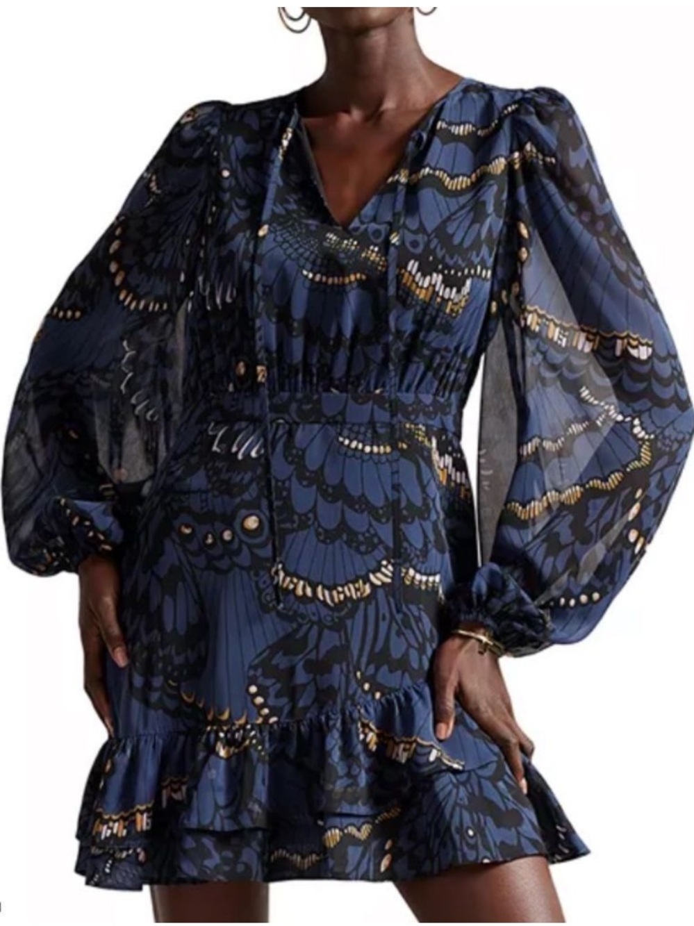Ted Baker Pollei Butterfly-Print Mini Dress Navy Blue US Size 8 Long Sleeve